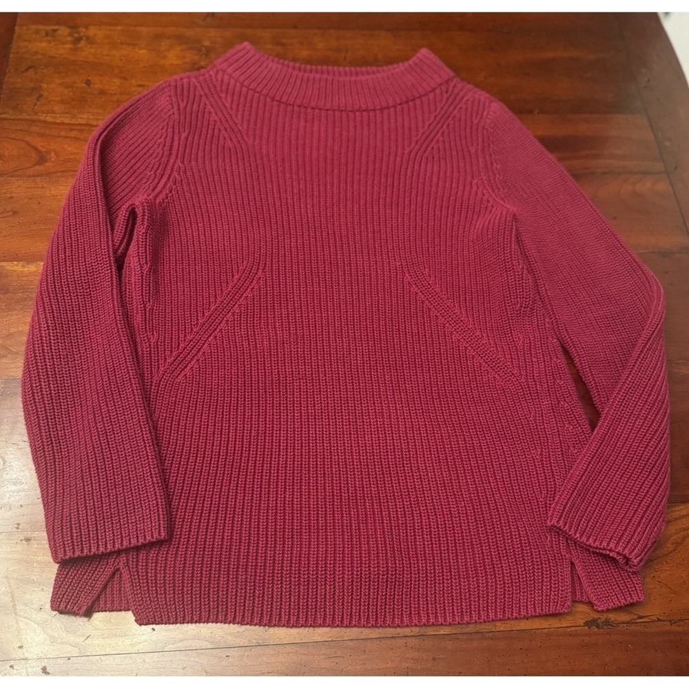 TALBOTS Chunky Knit Fisherman Maroon‎ 100% Cotton Pullover Sweater Women's Large